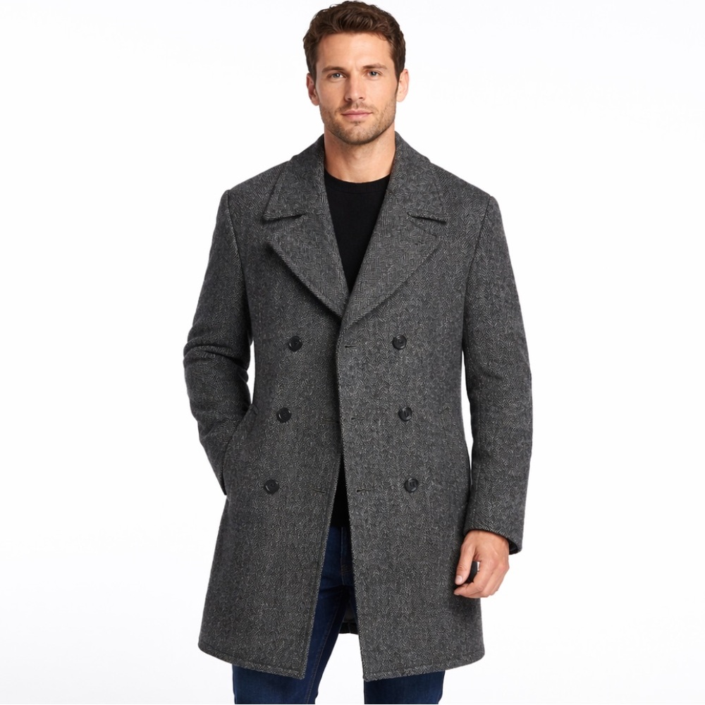 Stratojac Vintage Tweed Double Breasted Herringbone Coat Mens Sz 38 Wool Gray